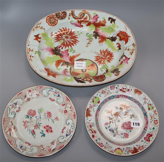 A Chinese famille rose tobacco leaf meat dish and two similar floral plates, Qianlong period and two stands